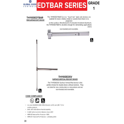 EDTBAR Series Grade 1 Commercial 36 in Fire Rated Rim Touch Bar Exit Device
