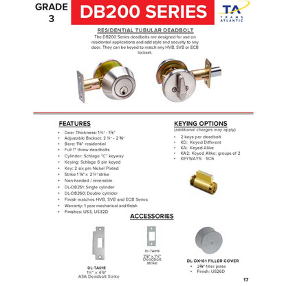 200 Series Grade 3 Single Cylinder Tubular Deadbolt with IC Less Core