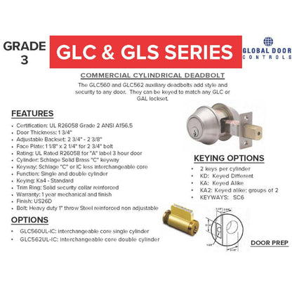 GLC Series Brushed Chrome Grade 2 Commercial Double Cylinder Deadbolt